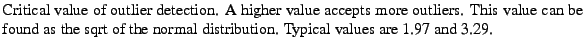 $\textstyle \parbox{\MY}{Critical value of outlier
detection. A higher value ac...
...und as the sqrt of the normal distribution. Typical values are
1.97 and 3.29.}$